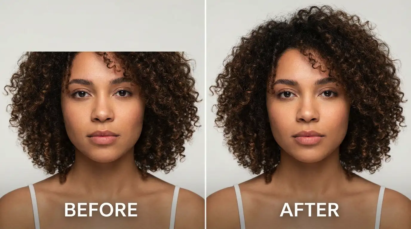 Left side: portrait photo with the top of the head cut off. Right side: head fully restored using AI image filling, natural hair texture, studio lighting.