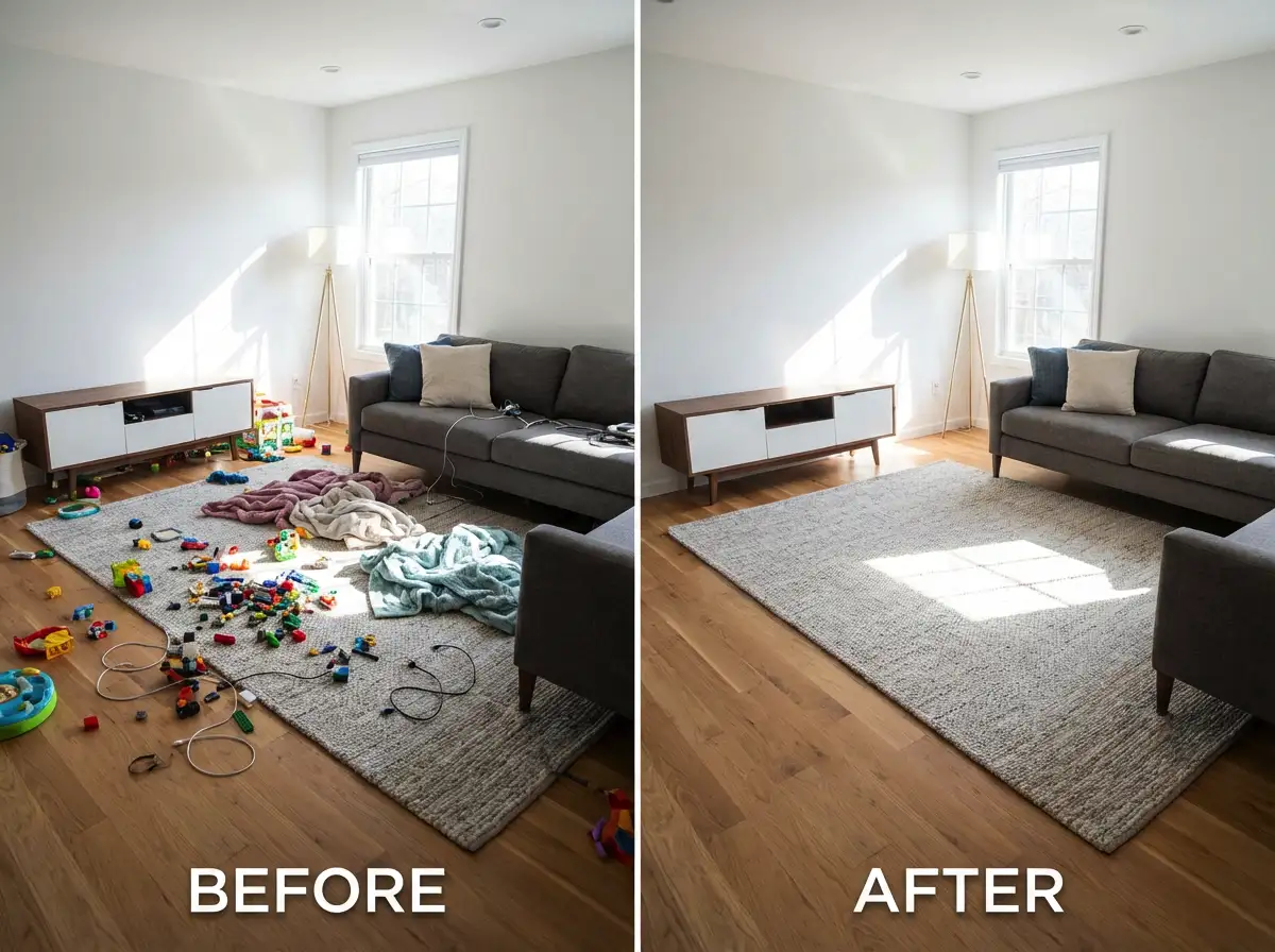 Left side: modern living room with toys and cables scattered on the floor. Right side: same room with floor clean and clutter removed, textures naturally reconstructed. 