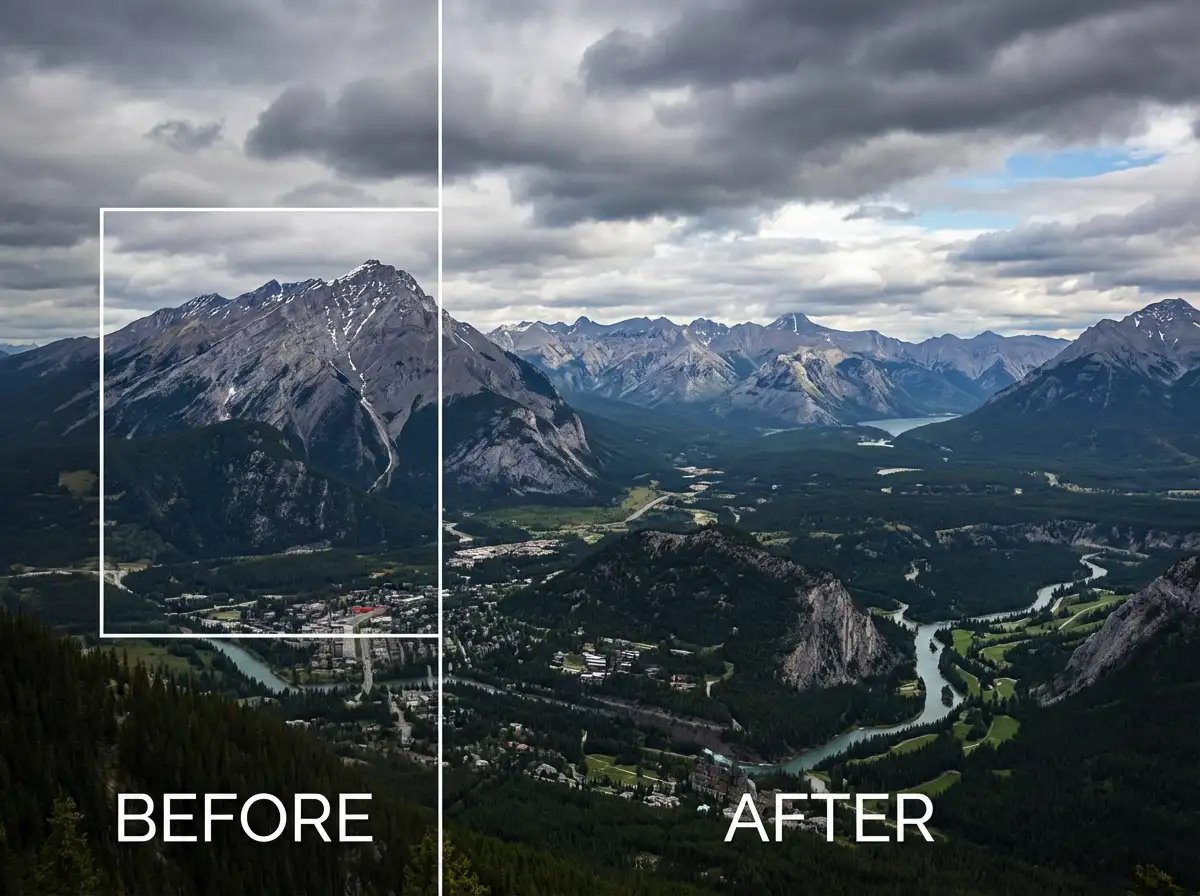 Left side: square-cropped mountain landscape with limited background. Right side: background extended and filled seamlessly into a wide panoramic view.