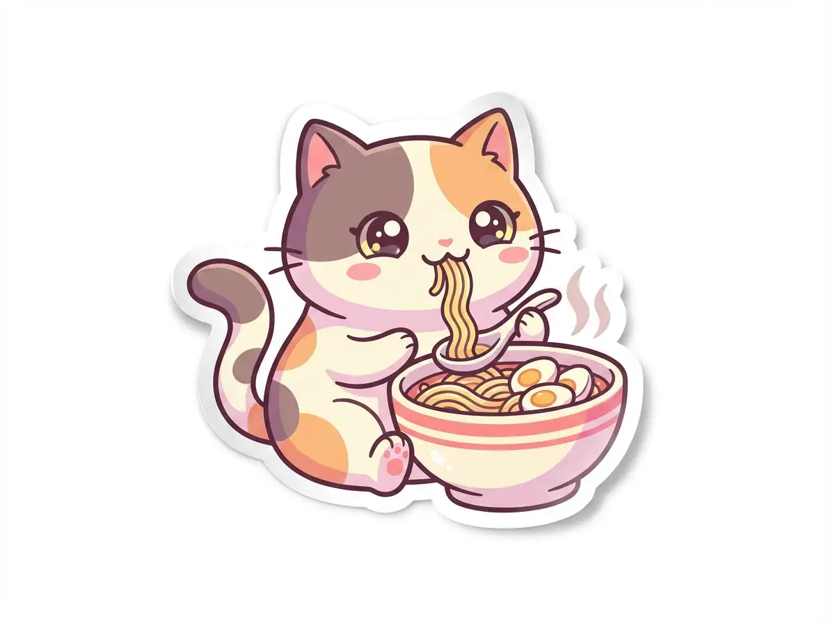 A chubby calico cat happily eating a bowl of ramen, kawaii style, big sparkling eyes, soft pastel colors, thick white border, die-cut sticker, isolated on white background.