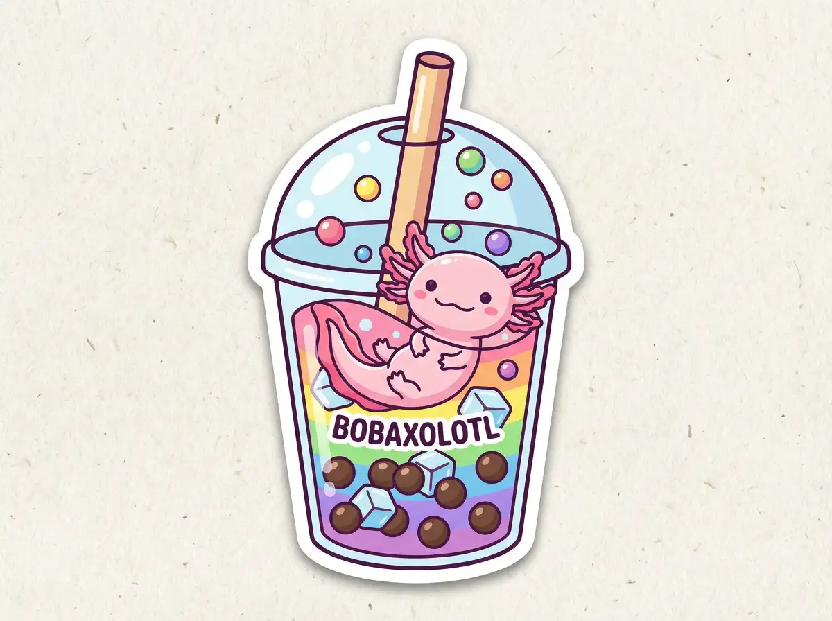 A pink axolotl floating inside a giant boba tea cup, whimsical illustration, vibrant colors, clean vector lines, thick white border, sticker aesthetic.