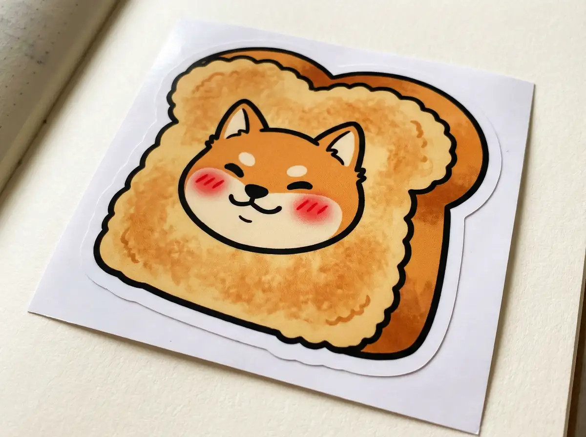 A Shiba Inu dog shaped like a fluffy toasted bread, blushing cheeks, simple cartoon style, bold outlines, die-cut sticker, high resolution.