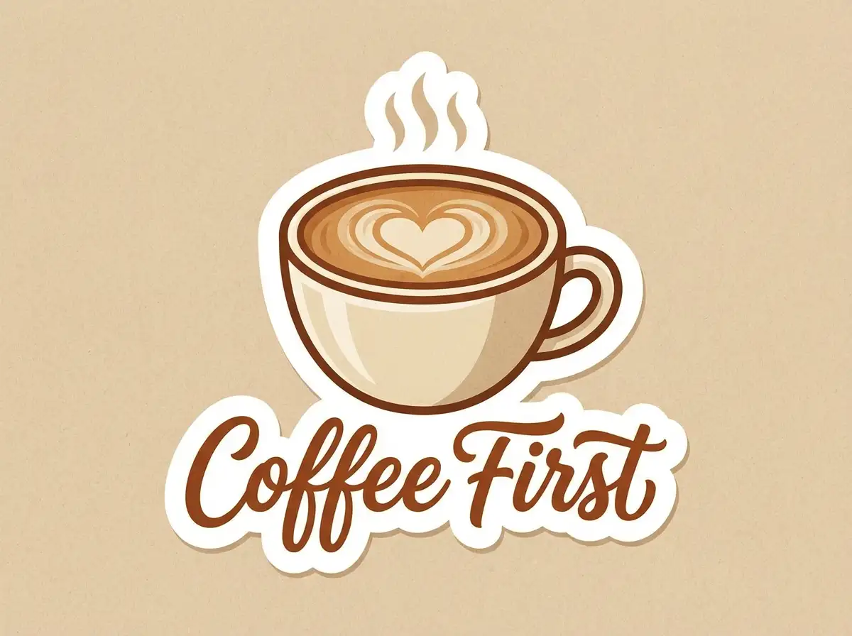 A steaming cup of latte with heart-shaped foam, "Coffee First" written in calligraphy, flat vector, warm brown tones, thick white border.