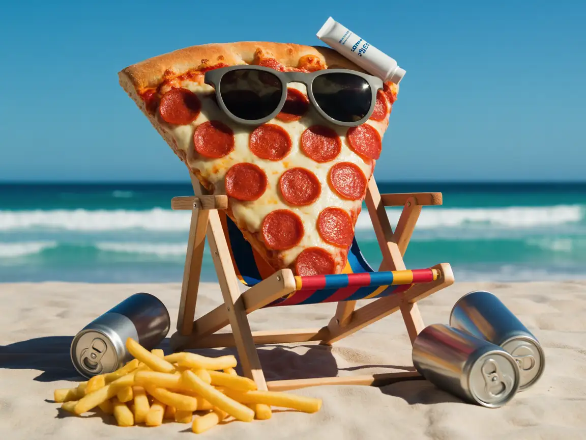 A slice of pizza sunbathing on a beach chair with sunglasses and sunscreen, surrounded by fries and soda cans.