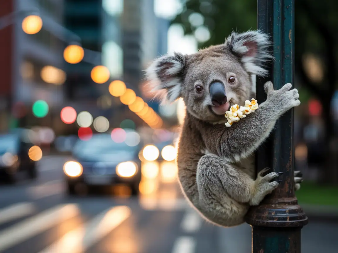 A koala hanging on a streetlight eating popcorn while watching traffic.