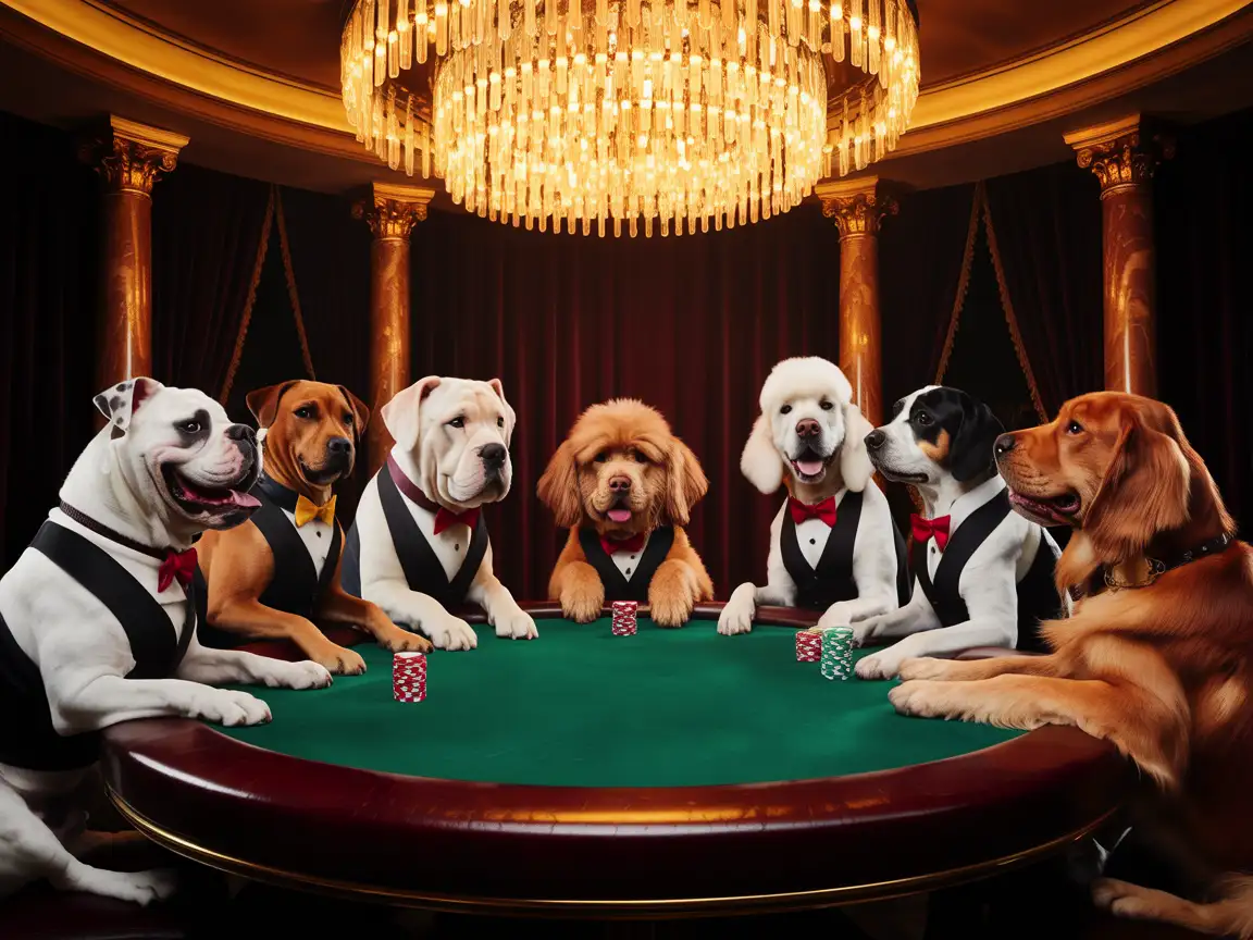 A group of dogs playing poker in a luxurious casino under a golden chandelier.