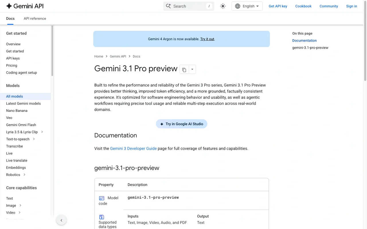 Gemini 3.1 Pro 官方型號頁面與限制