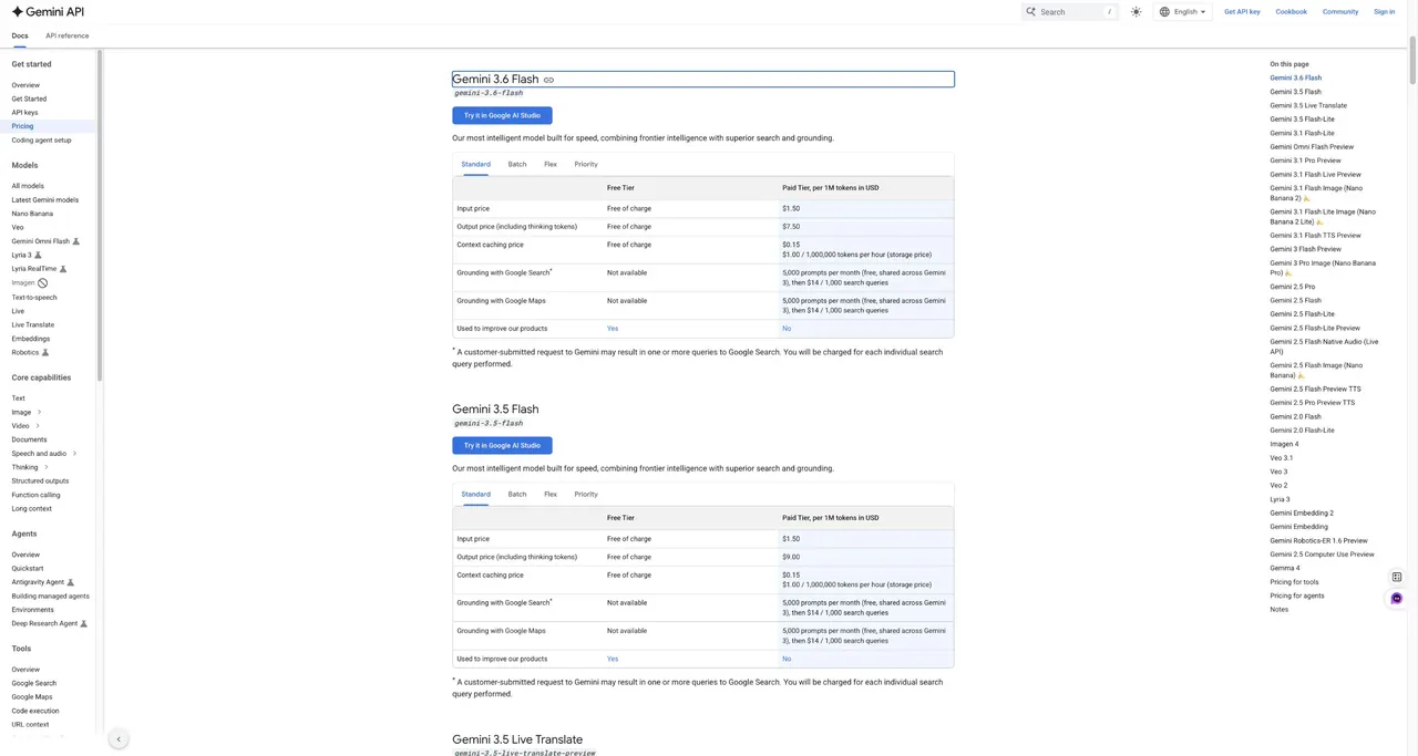 Google Gemini API pricing table for Gemini 3.6 Flash and Gemini 3.5 Flash
