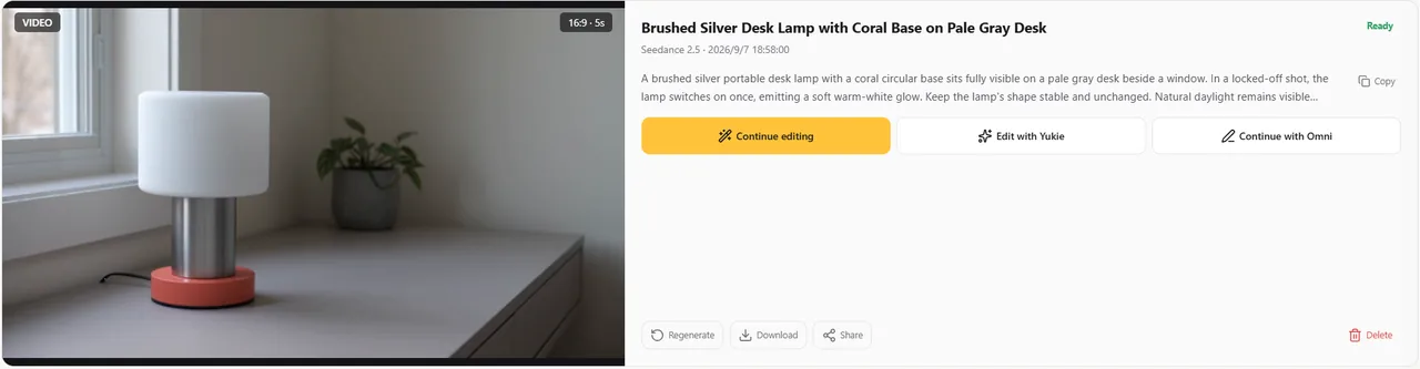 Completed desk-lamp video and generation details in GlobalGPT