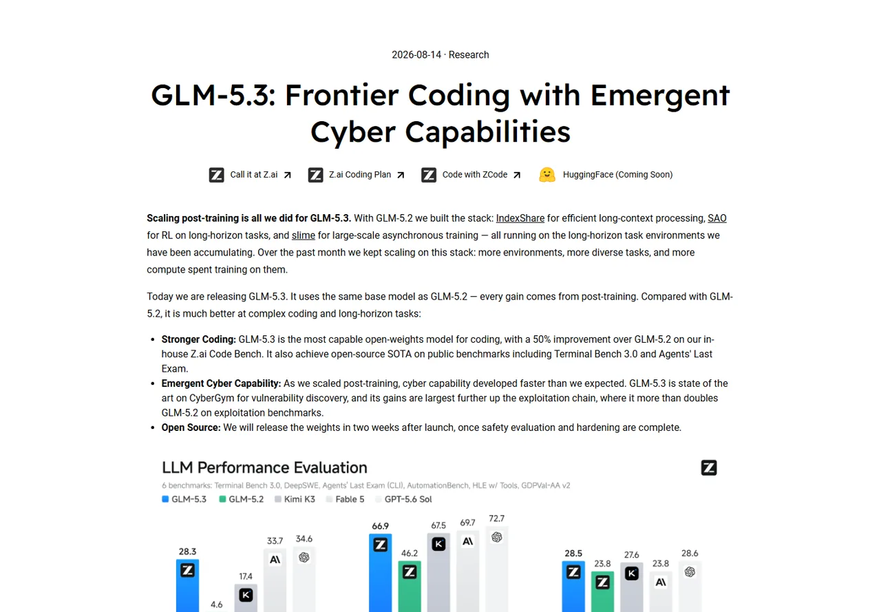 Z.ai GLM-5.3 official launch page with model framing and performance chart