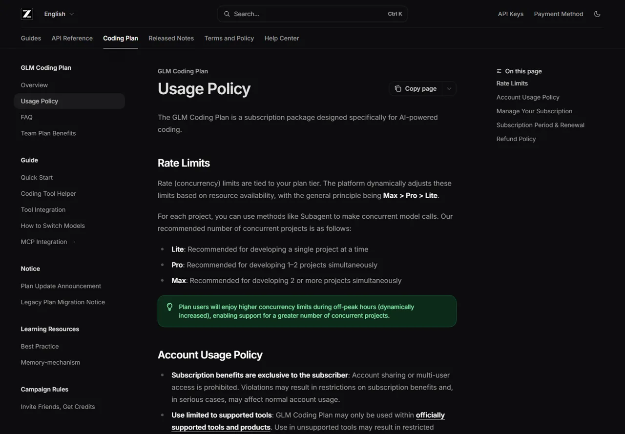 Z.ai account usage policy for GLM Coding Plan