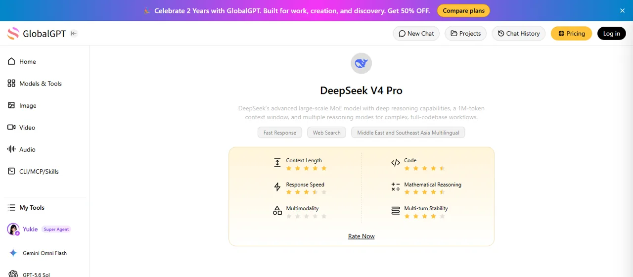 Modello DeepSeek V4 Pro inserito all'interno del GlobalGPT