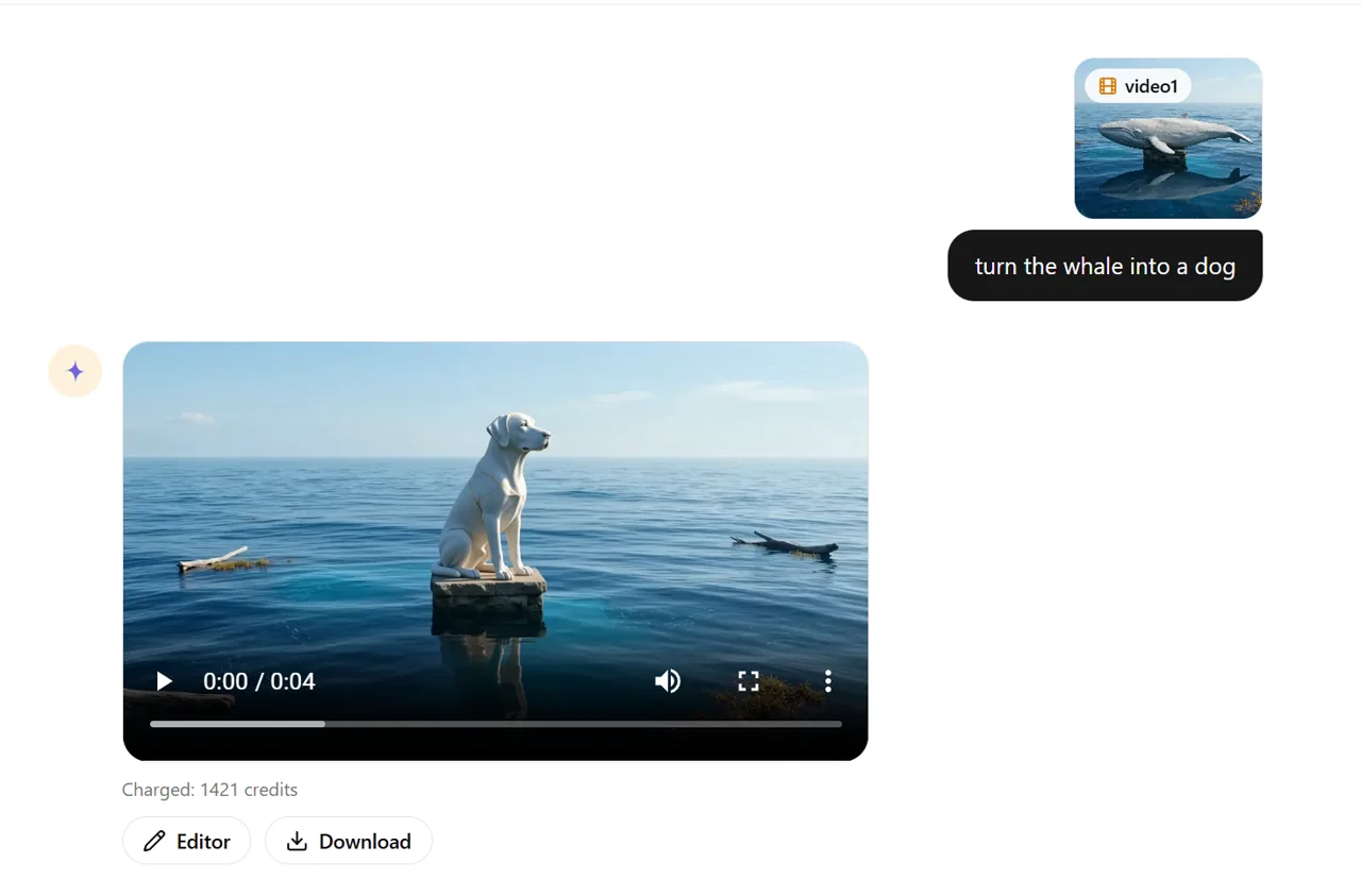 Signed-in GlobalGPT result showing the whale changed into a dog with the source video, prompt, charge, Editor, and Download