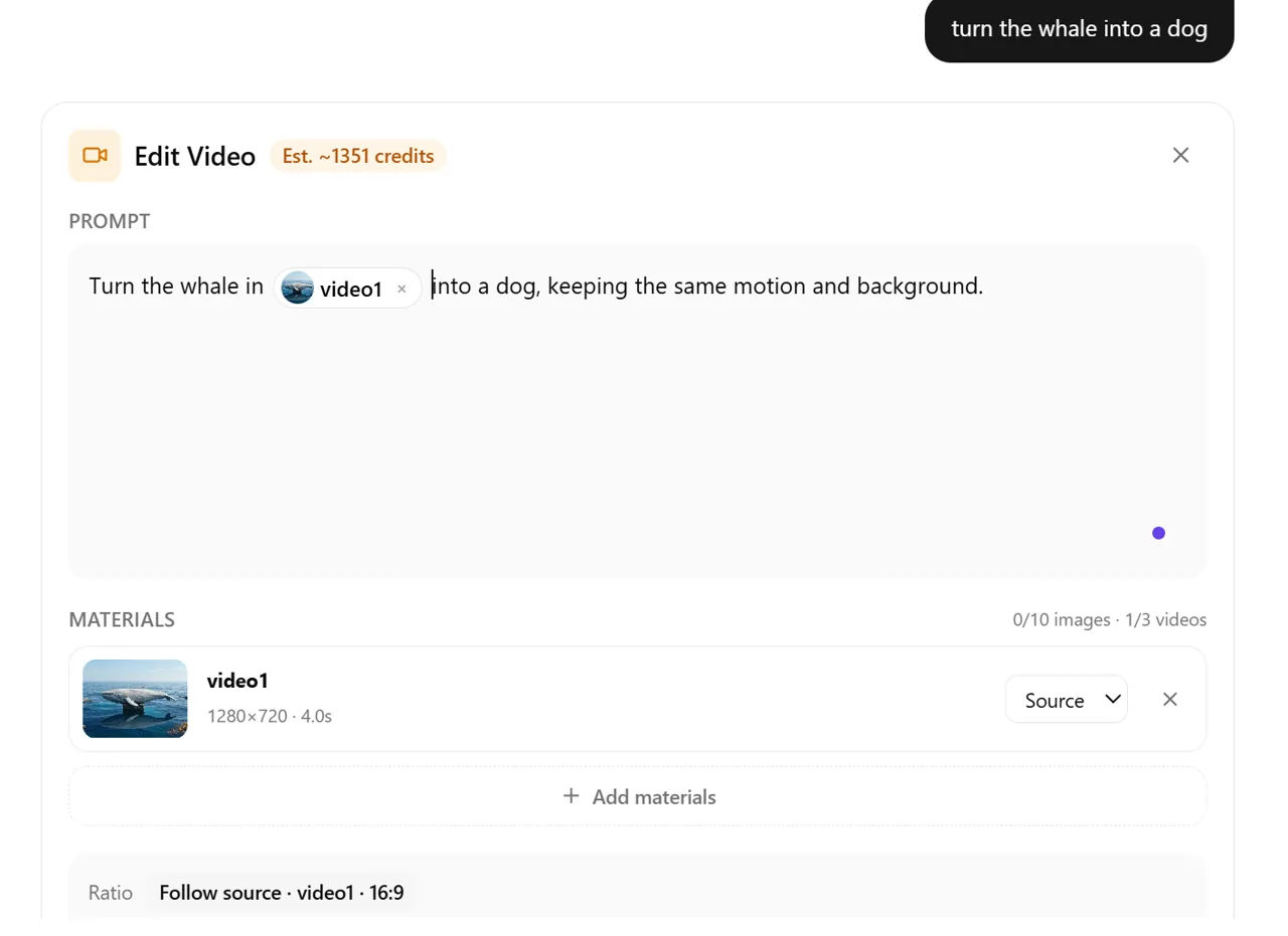GlobalGPT Edit Video panel with the whale source video, prompt, materials, ratio, and estimated credits