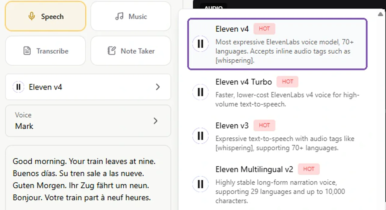GlobalGPT model selector showing Eleven v4, Eleven v4 Turbo and Eleven v3.