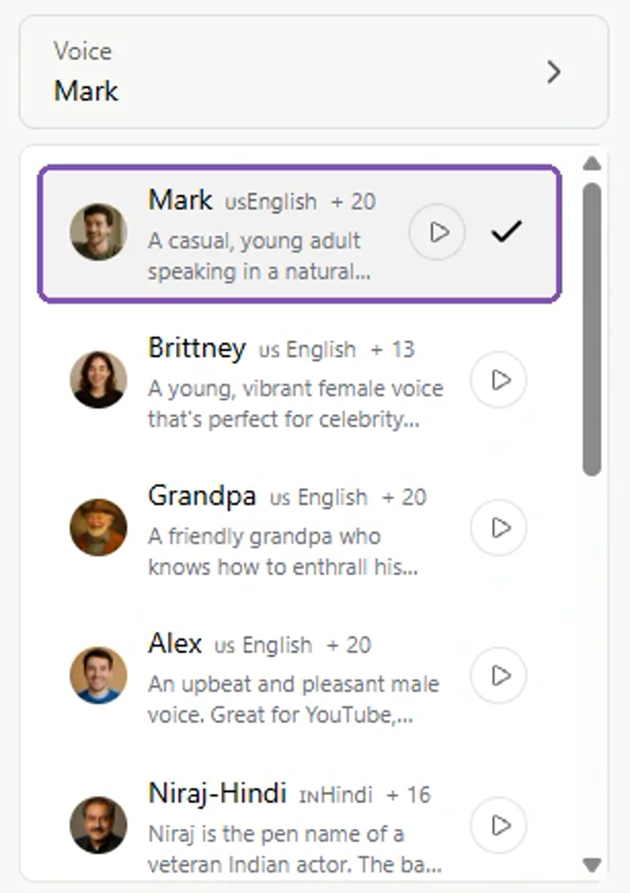 GlobalGPT voice menu with Mark selected and other voices available to preview.