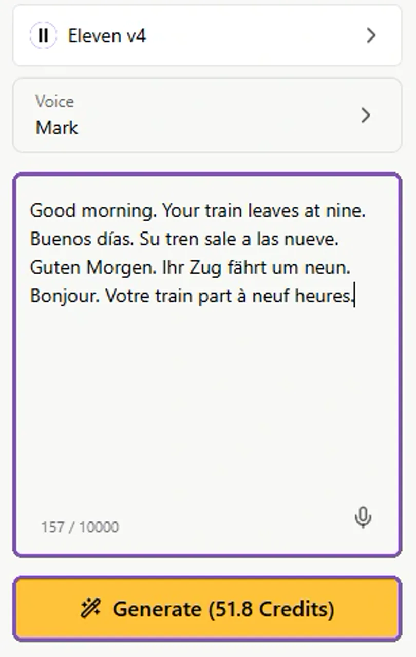 Eleven v4 form with the 157-character script, 10,000-character limit and 51.8 Credits generation quote.