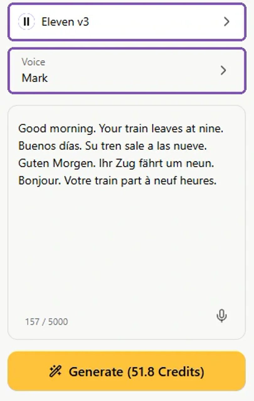 GlobalGPT Eleven v3 form with Mark selected and the same multilingual script used for the v4 sample.