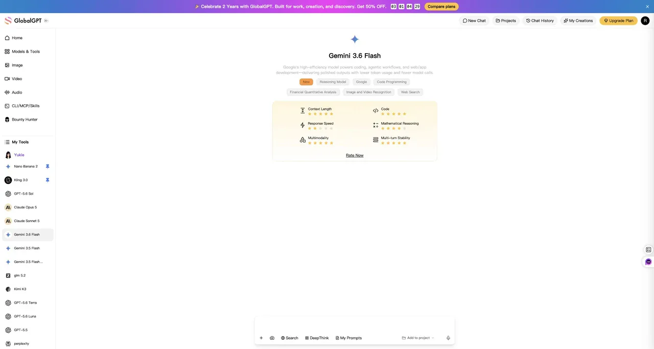Gemini 3.6 Flash model page in the GlobalGPT workspace