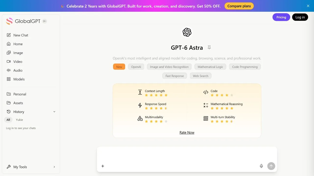 GlobalGPT 인터페이스에서 GPT-6 Astra가 선정되었습니다.