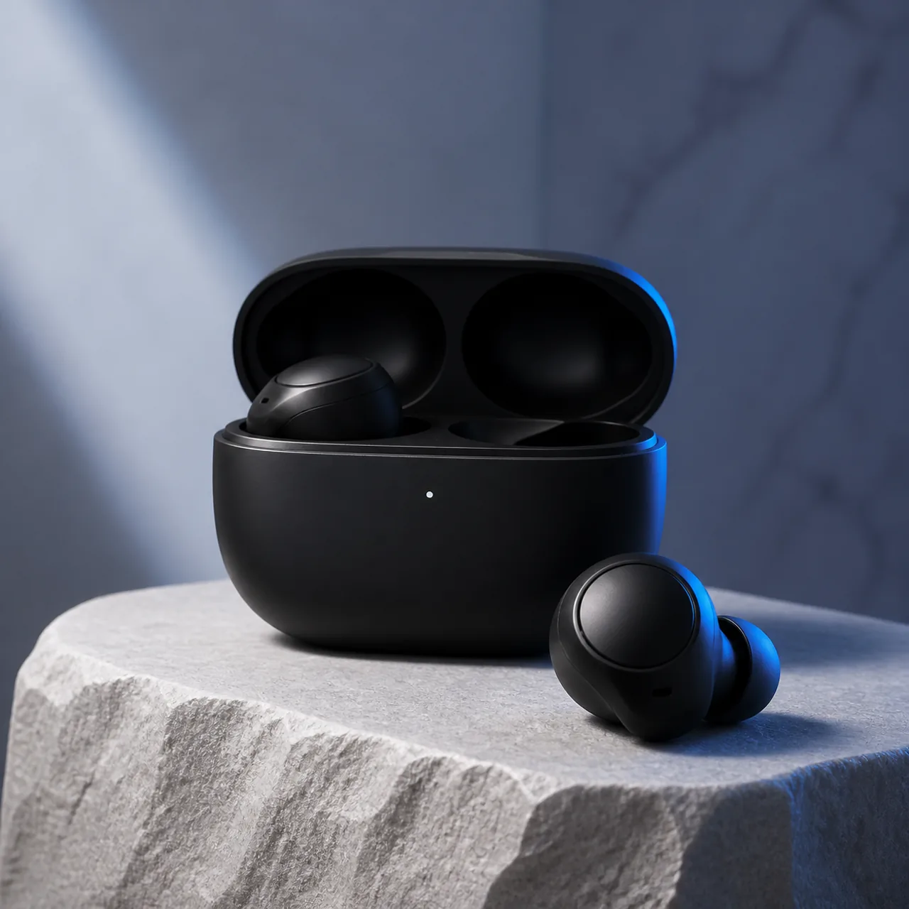 Matte black wireless earbuds and charging case on a pale stone pedestal with blue rim light
