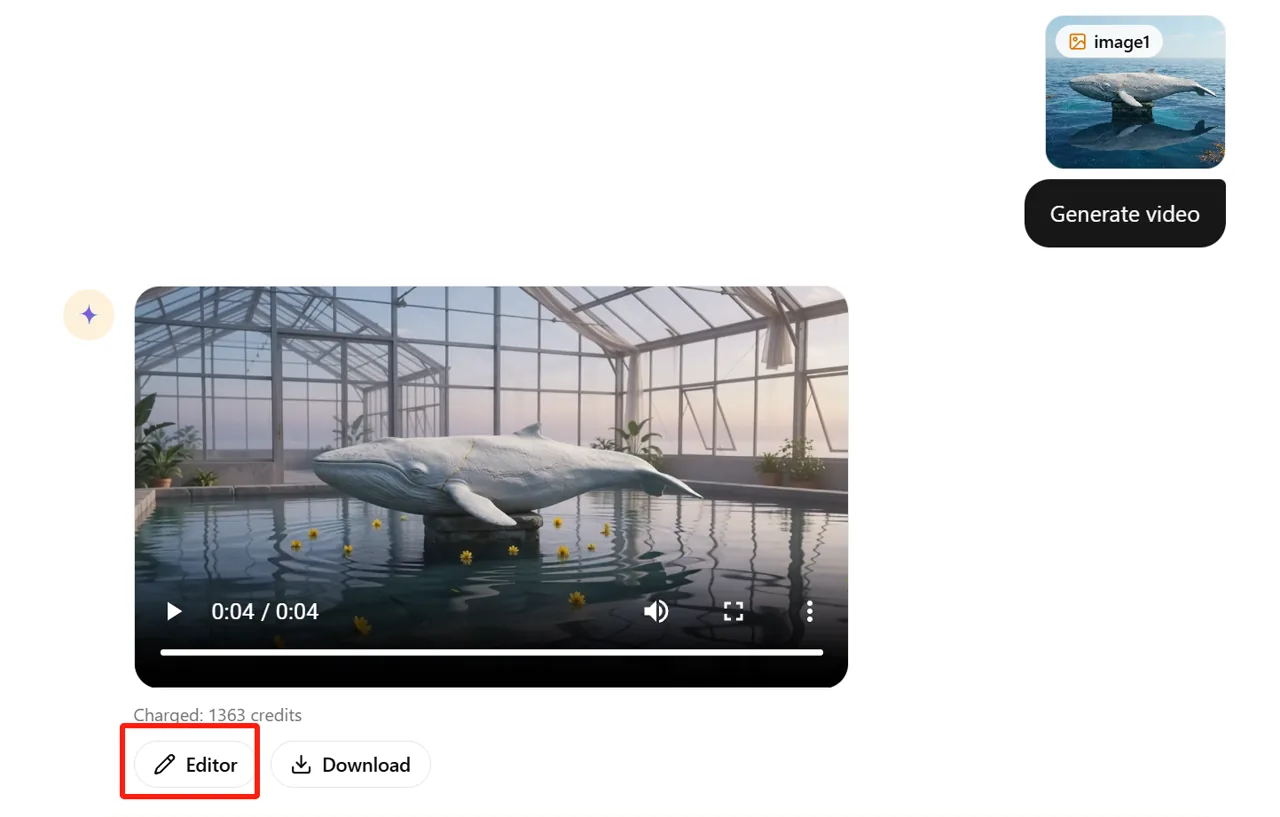 GlobalGPT image-to-video result with Editor and Download actions