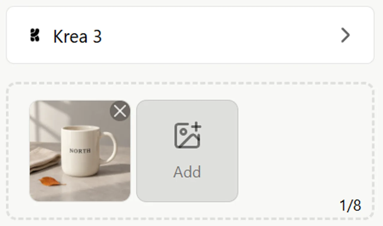 Step 1 · Add a reference — Krea 3 selected with the original mug attached. Click Add to select or upload a reference.