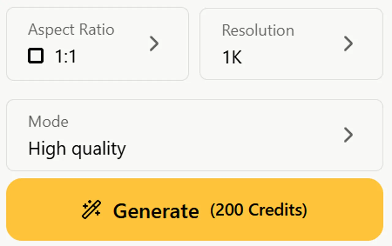 Step 3 · Check settings — 1:1, 1K and High quality; the one-reference edit shows 200 Credits before Generate.