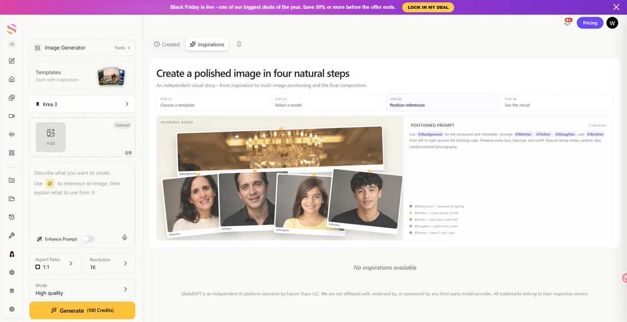 GlobalGPT Krea 3 workspace with reference-image upload, prompt, aspect ratio, resolution, High quality mode and Generate controls.