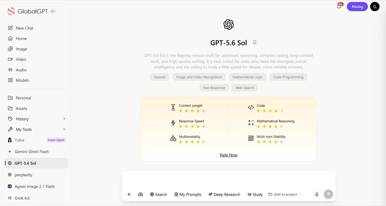 Ruang kerja model GlobalGPT yang menampilkan antarmuka Sol GPT-5.6