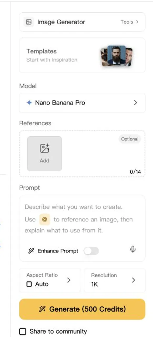 GlobalGPT Nano Banana Pro インターフェース(最大14枚の参照画像に対応)