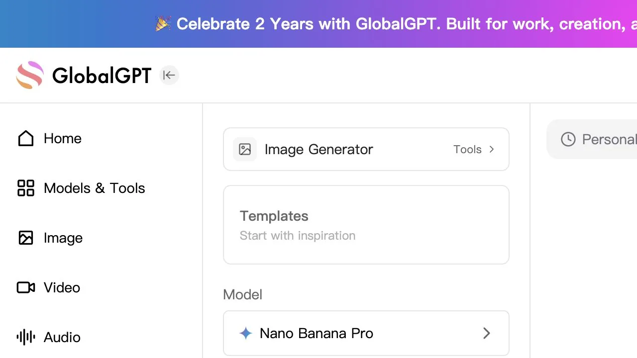 GlobalGPT image generator with Nano Banana Pro selected