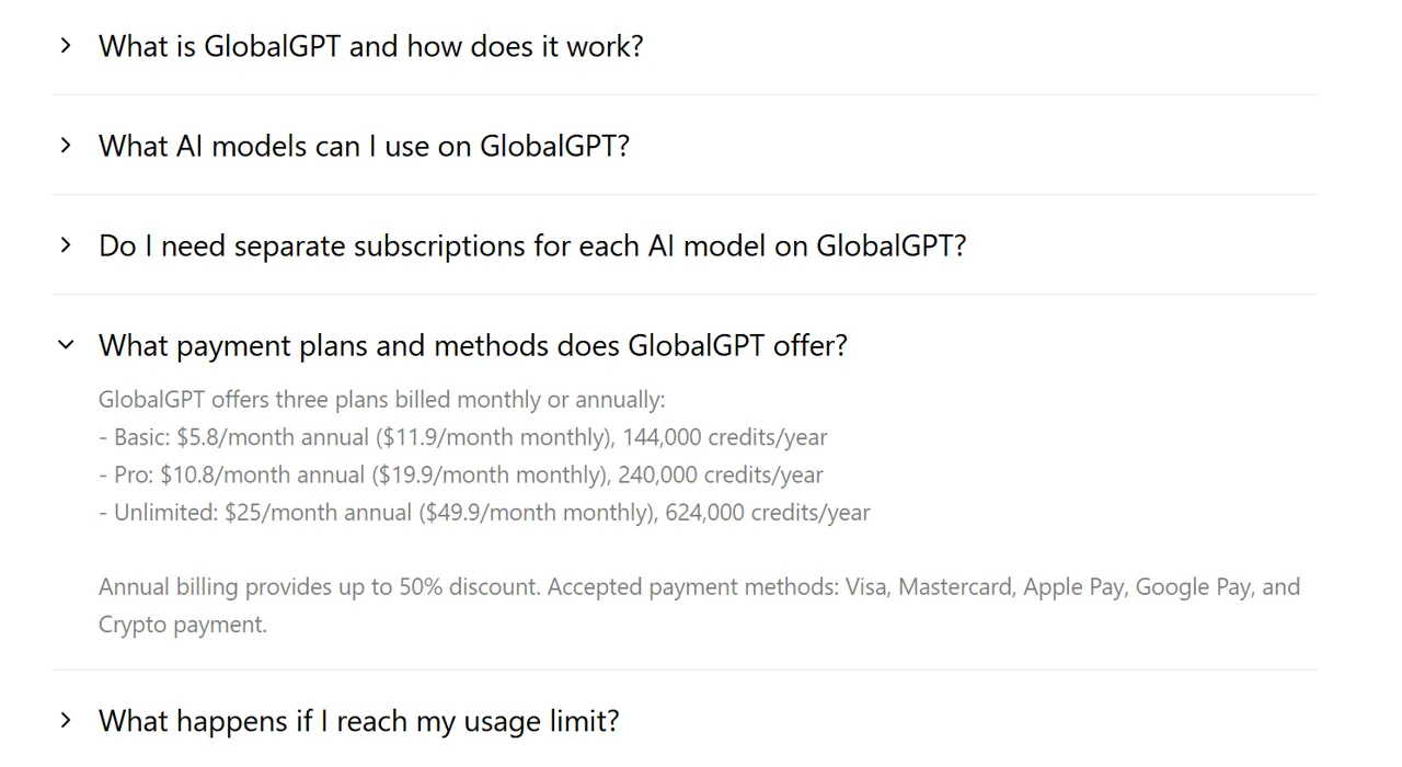 GlobalGPT FAQ listing Visa, Mastercard, Apple Pay, Google Pay and Crypto payment