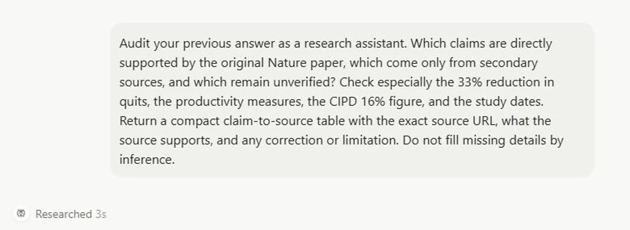 Follow-up prompt in GlobalGPT Perplexity asking for a claim-by-claim citation audit