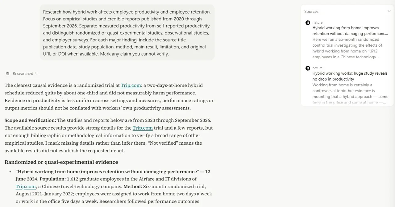GlobalGPT Perplexity first research prompt, initial findings and Nature sources panel