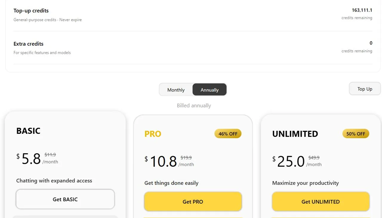 GlobalGPT Basic, Pro and Unlimited prices on the annual billing page