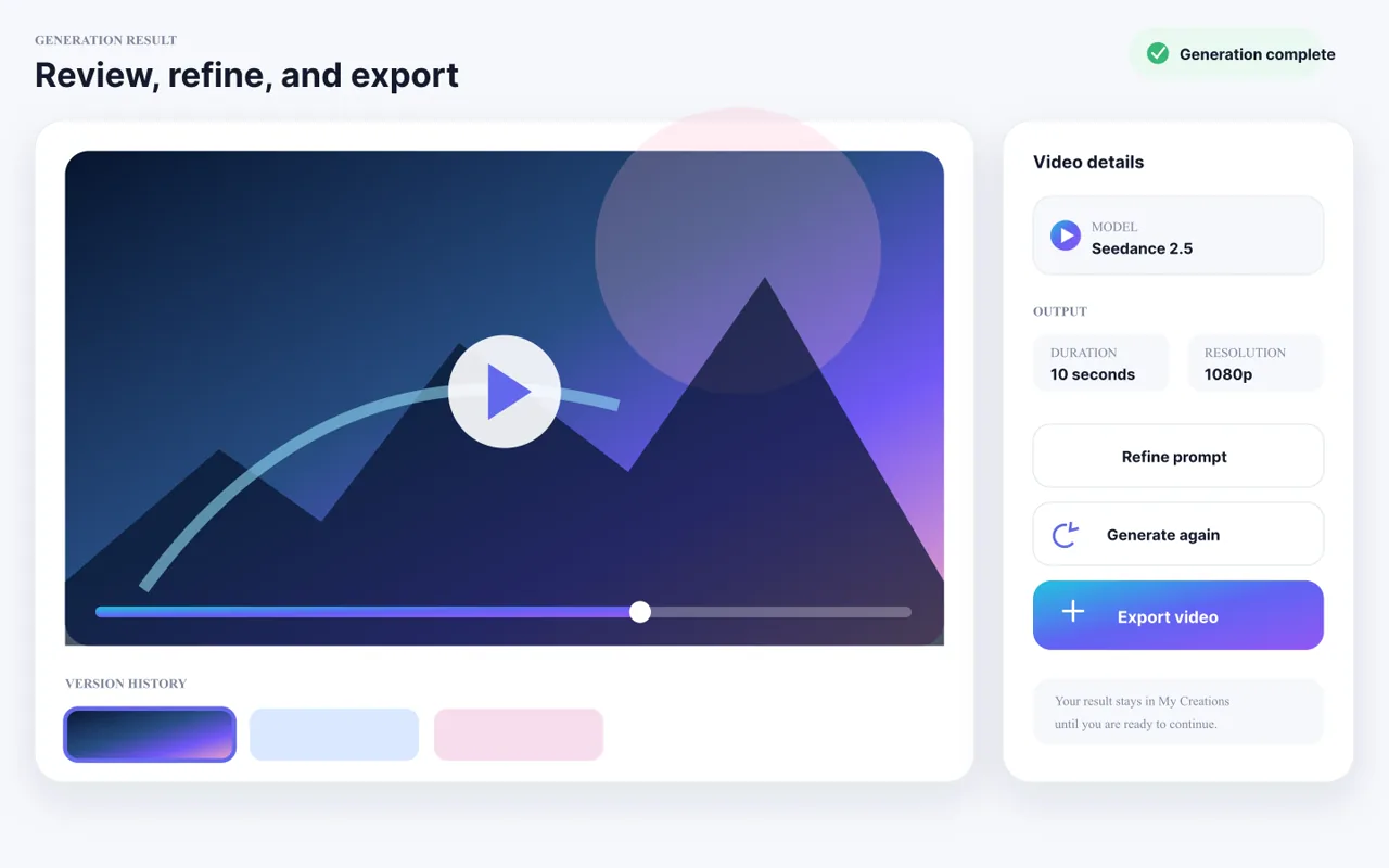 Illustrated GlobalGPT Seedance 2.5 result and refinement interface