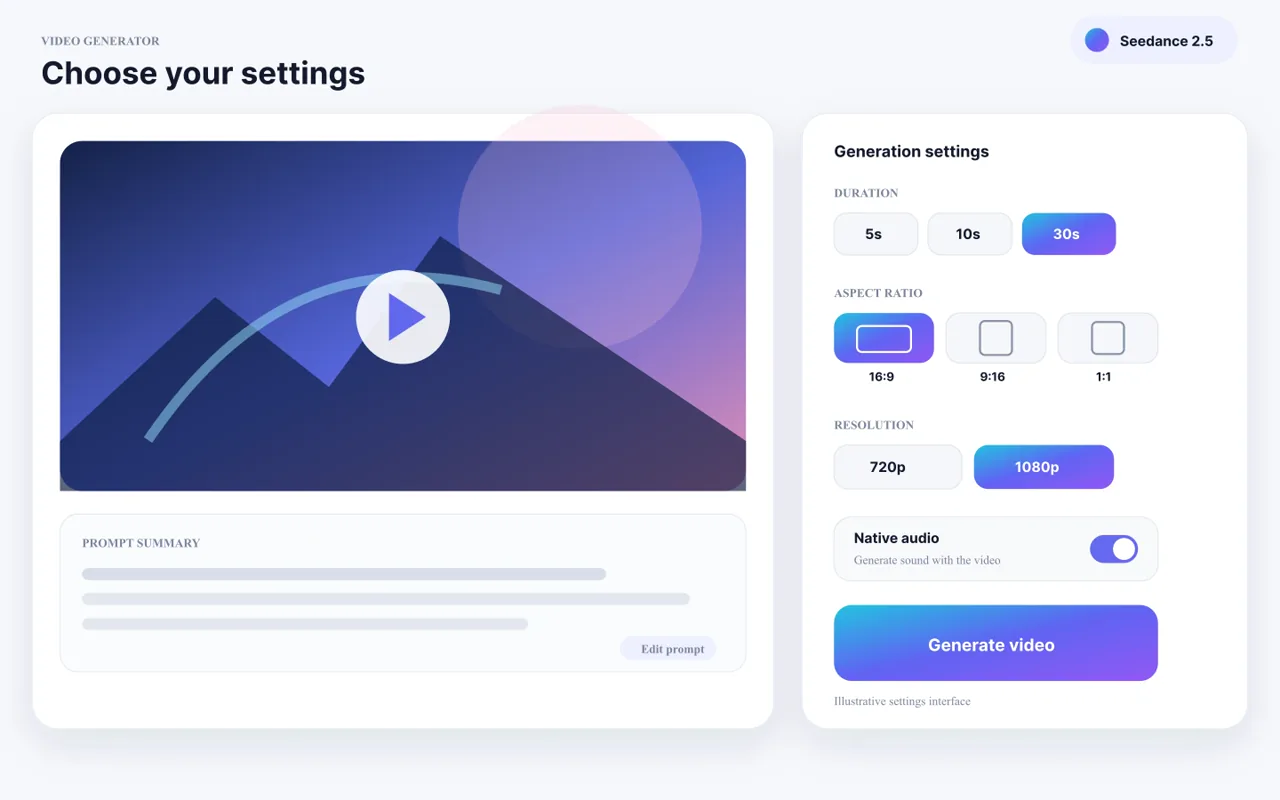Illustrated GlobalGPT Seedance 2.5 generation settings interface