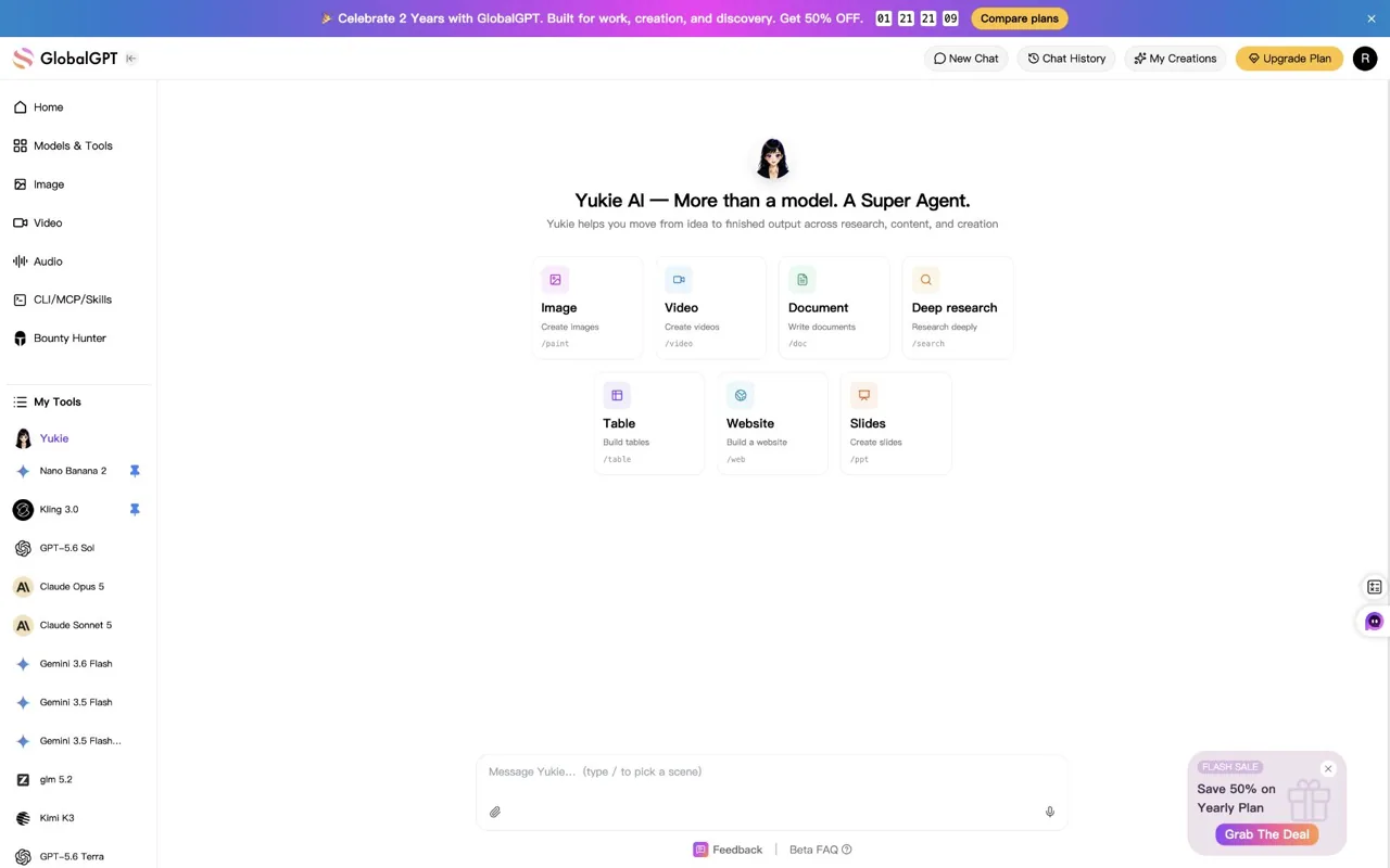 GlobalGPT Yukie tools for image video documents search tables websites and presentations