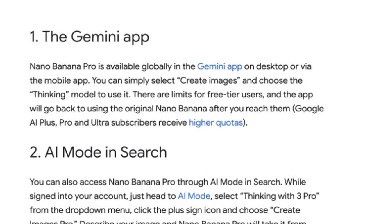 Google instructions for accessing Nano Banana Pro in the Gemini app