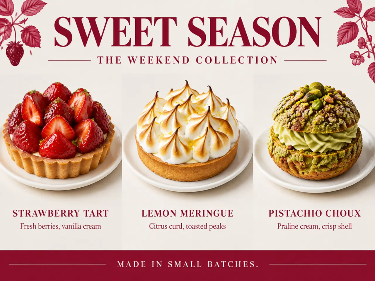 Sweet Season patisserie menu with three photographed desserts and editorial typography, generated with GPT Image 2.5