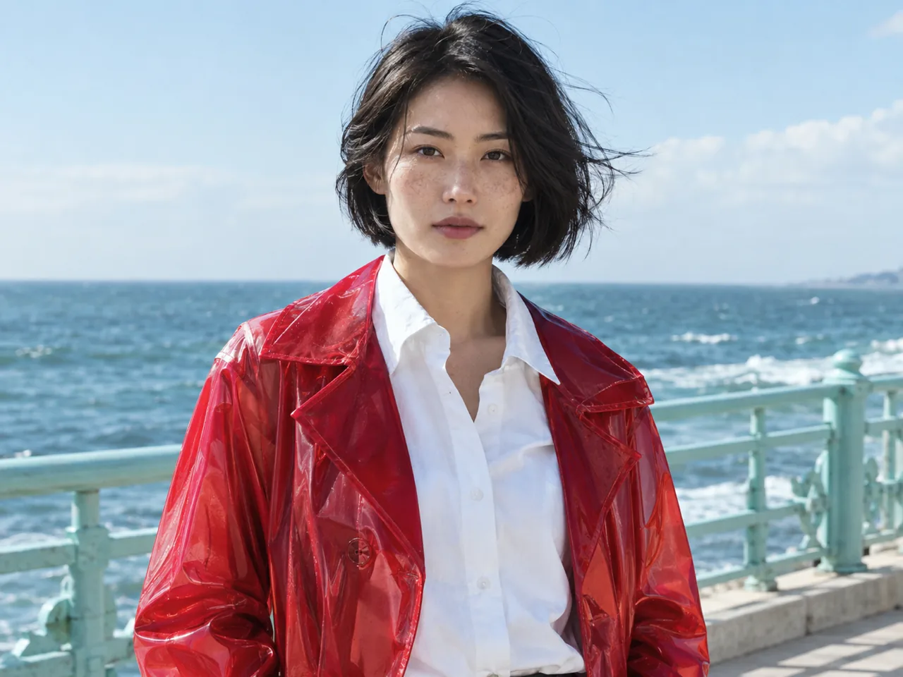 GPT Image 2.5 editorial portrait of an adult woman in a red raincoat beside the sea