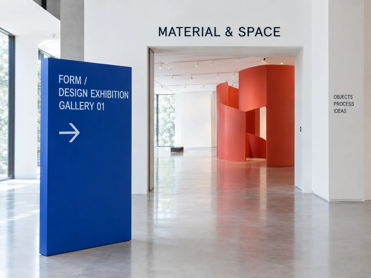 GPT Image 2.5 gallery entrance with a blue directional sign and Material and Space wall lettering