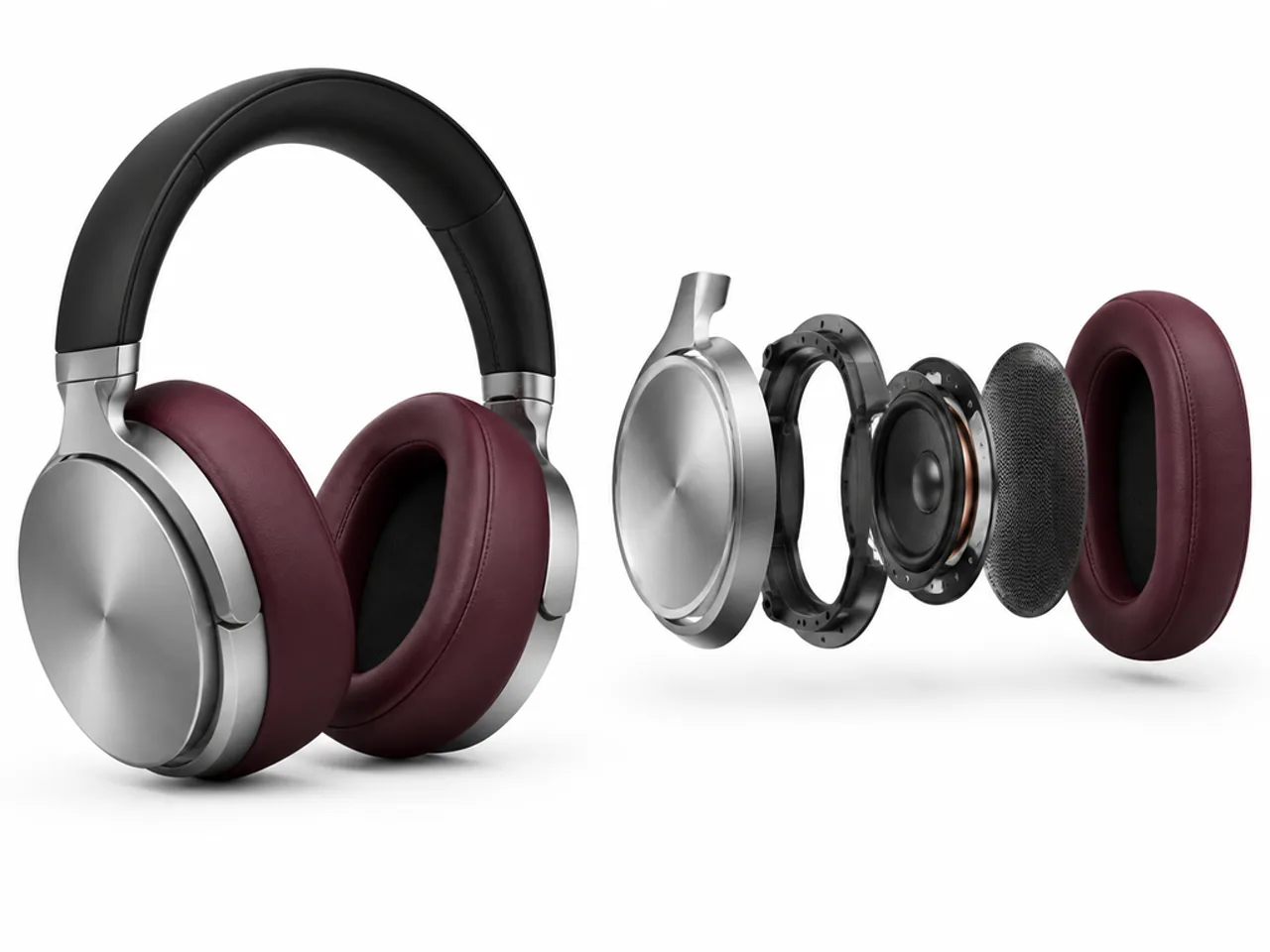 Brushed-aluminum headphones with burgundy cushions beside an exploded earcup visualization
