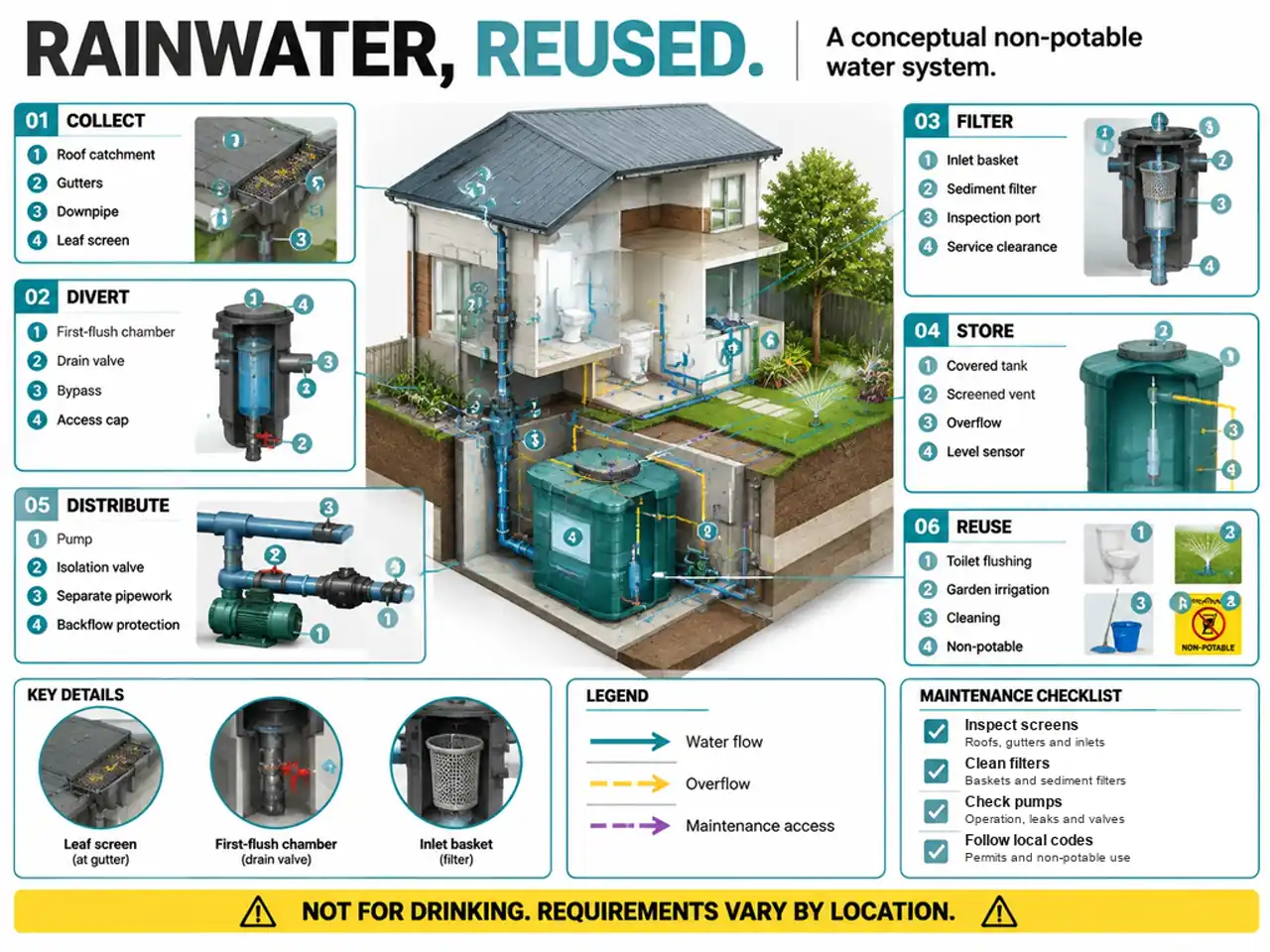 Conceptual non-potable rainwater reuse infographic with six stages, a building cutaway, labeled components and a maintenance checklist