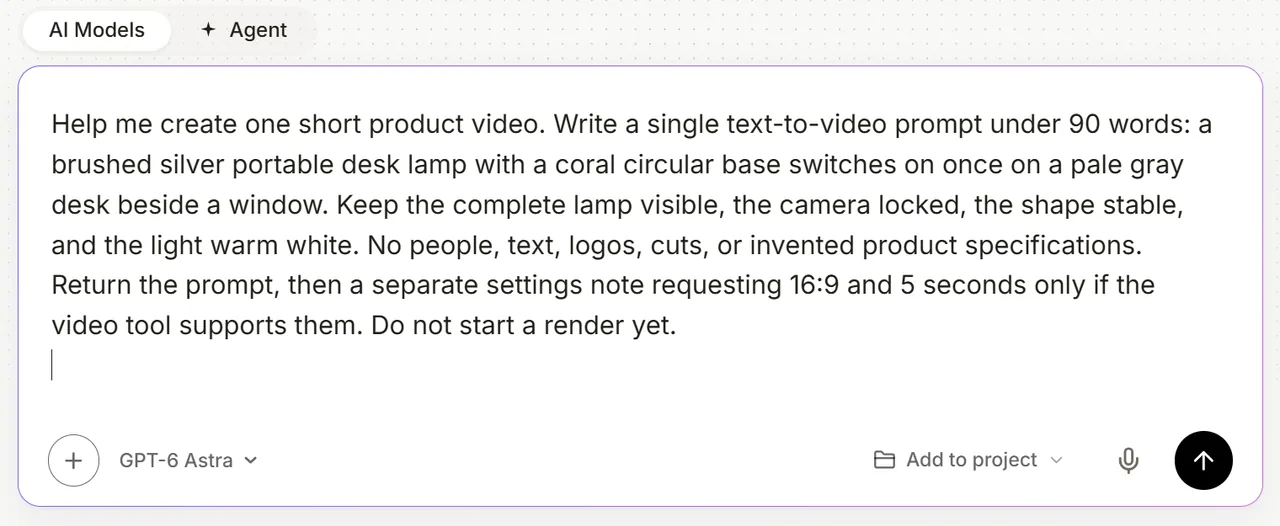 GPT-6 Astra selected in GlobalGPT with the complete desk-lamp video brief