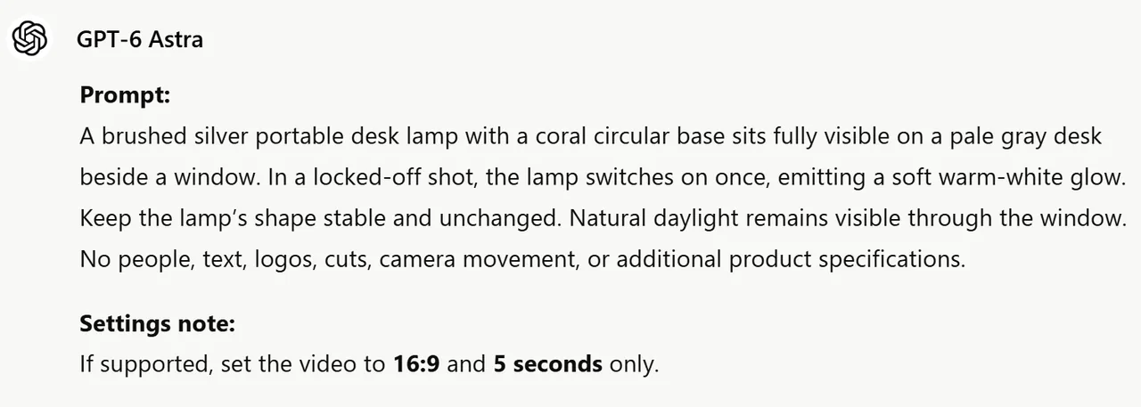 Completed GPT-6 Astra response with a desk-lamp shot prompt and conditional video settings
