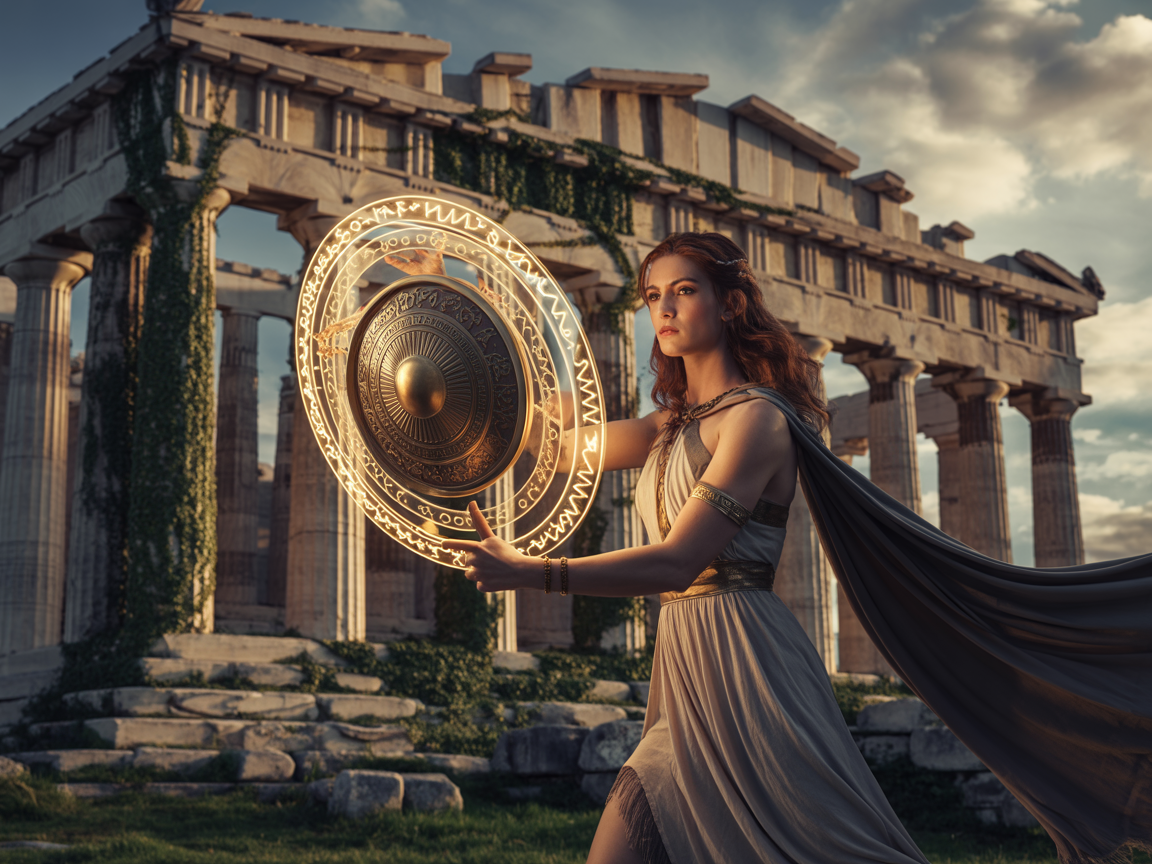 Athena casting a magical shield, glowing runes floating around, temple ruins in background, realistic lighting