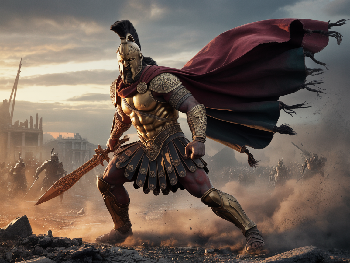Ares in bronze armor, battle stance, red cape flowing, war-torn battlefield, realistic lighting and textures