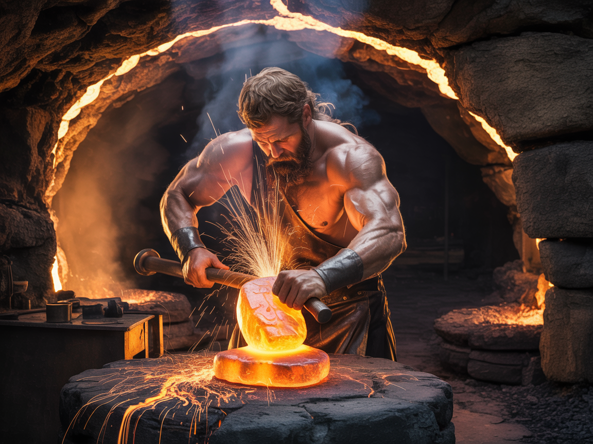 Hephaestus at his forge, molten metal glowing, sparks flying, detailed textures, cinematic realism